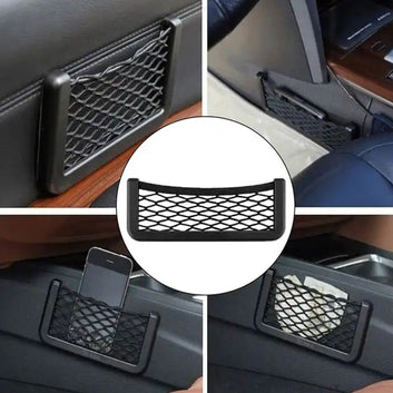 Close-up of the car seat organizer mesh, showcasing its elastic material.