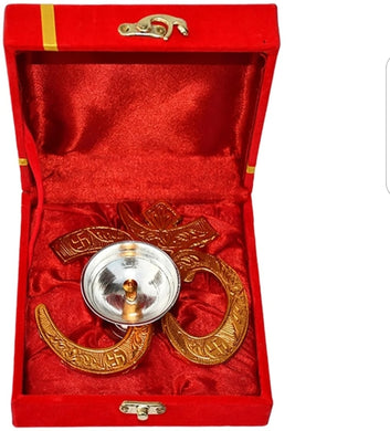 Premium Nivrutti Om Brass Pooja Diya Set | Artistic 2-Inch Brass Table Diya with Velvet Gift Box | Ideal for Home Décor, Return Gift & Festive Gifts