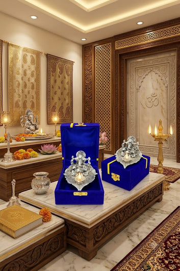 Premium German Silver Ganesh Idol with Leaf Diya Oil Lamp | Handmade Ganesha Pooja Decorative Showpiece with Red Velvet Gift Box | Diwali Decor, Return Gift & Festive Gifting