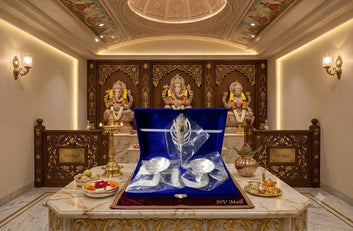 A W Handicraft Silver Finish Swastik Diya Set with Decorative Leaf Plate & Peacock Feather | Handmade Pooja Diya for Home Temple | Festive Decor, Diwali, Lakshmi Pooja, Return Gift & Gifting