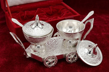 German Silver Floral Chip & Dip Serving Tray Set with 2 Bowls & 2 Spoons | Decorative Serving Set for Dry Fruits, Snacks & Sweets | Ideal for Gifting, Home Décor, Return Gifts & Festive Occasions