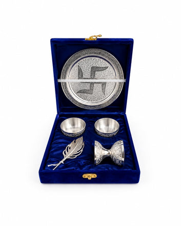 NV Mall Silver Plated Swastik Pooja Thali Set with Premium Velvet Gift Box | 8 Inch Puja Thali for Diwali, Home Temple, Housewarming, Wedding Return Gifts & Festive Gifting