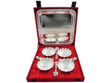 German Silver Brass Round Bowl Set with Tray & Spoon | Premium German Silver Metal Serving Set for Gifting, Home Décor, Pooja, Festive Occasions & Return Gifts