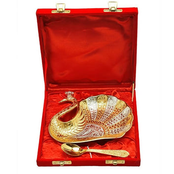 NV Mall Peacock Shape Dry Fruit Serving Tray with Spoon | Gold & Silver Plated Decorative Bowl for Dry Fruits, Sweets, Snacks, Prasad | Premium Return Gift, Wedding, Housewarming & Festive Gift