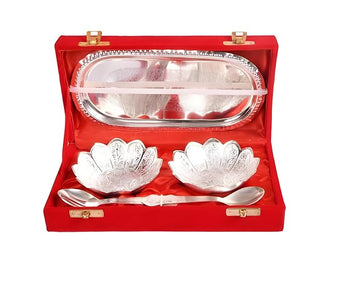 Weston Choice German Silver Lotus Flower Bowl Set | 5-Piece Set with Luxury Red Velvet Gift Box | Elegant Decorative Bowls for Gifting, Return Gifts & Special Occasions