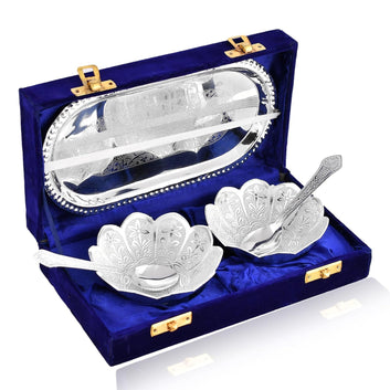 NV Mall | Round German Silver Plated Royal Style Bowl & Tray Set | 1 Tray, 2 Bowls (150 ml) & 2 Spoons | Diwali Gift Set | Katori Chammach | Serving Bowl Set