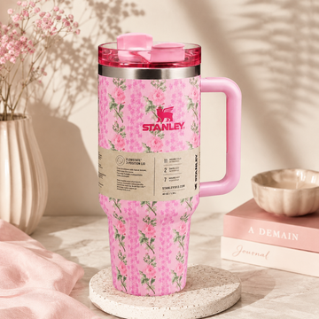 NV Mall Floral Print Stainless Steel Tumbler with Handle & Straw | Insulated Travel Cup with Lid | Reusable Pink Tumbler for Hot & Cold Drinks