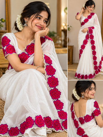 White Saree with Pink Floral Embroidered Border & Matching Designer Blouse | NV MALL