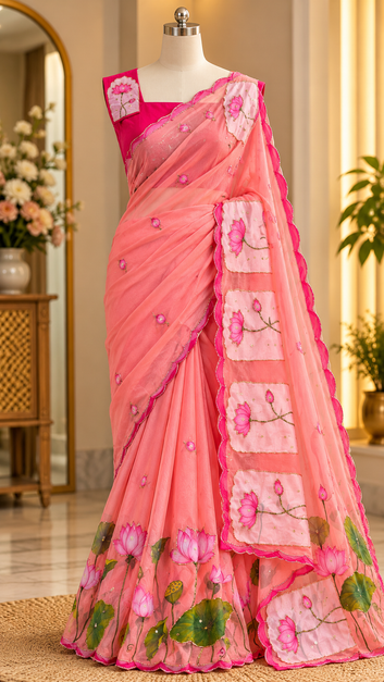 Elegant Lotus Embroidered Saree with Designer Border – 4 Colour Options | NV MALL