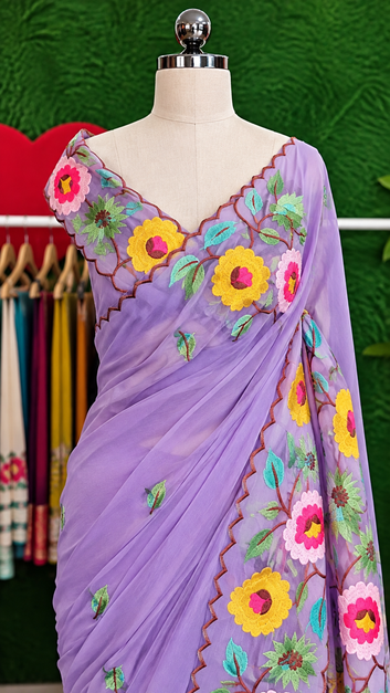 Peach Floral Embroidered Saree with Scalloped Border