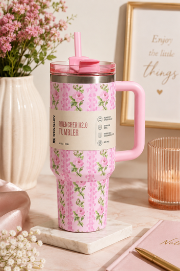 NV Mall Floral Print Stainless Steel Tumbler with Handle & Straw | Insulated Travel Cup with Lid | Reusable Pink Tumbler for Hot & Cold Drinks