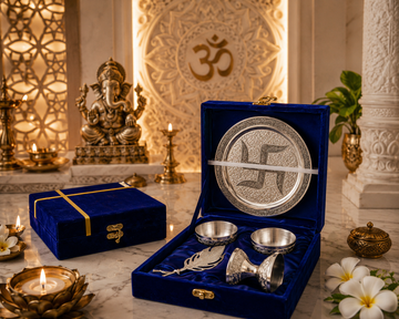 NV Mall Silver Plated Swastik Pooja Thali Set with Premium Velvet Gift Box | 8 Inch Puja Thali for Diwali, Home Temple, Housewarming, Wedding Return Gifts & Festive Gifting