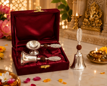 NV Mall Silver Plated Rudraksha Bell & Diya Set | Decorative Pooja Ghanti with Leaf Handle for Home Temple, Aarti, Mandir Décor | Spiritual Gift, Wedding Return Gift, Housewarming & Festive Gifting