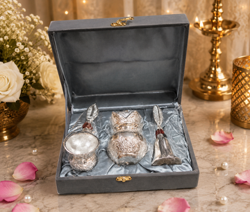 NV Mall German Silver Wedding Kalash Set with Velvet Gift Box | Silver Finish Pooja Set with Kalash, Pooja Spoon & Pooja Plate | Premium Puja Gift Set for Diwali, Wedding, Housewarming, Return Gifts & Festive Gifting