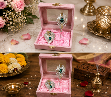 NV Mall Premium German Silver Kumkum Box Set with Peacock Feather Tilak Stick & See-Through Velvet Gift Box | Silver Plated Roli Chawal Box for Kumkum, Haldi, Chandan & Sindoor | Diwali, Wedding, Return Gifts & Pooja Essentials