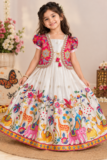 Pichwai Embroidered Girls Gown Set with Designer Overcoat | NV MALL