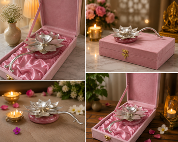 NV Mall German Silver Plated Lotus Diya with Resin Handle Stand & Premium Velvet Gift Box | Handcrafted Lotus Oil Lamp for Pooja Room, Diwali Decoration, Home Temple, Return Gifts & Festive Gifting