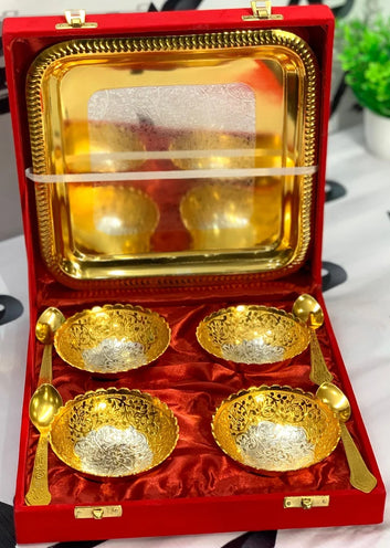 Premium Silver & Gold Plated Bowl Set with Tray | Embossed Floral Design, 4 Bowls & 4 Spoons | Red Velvet Gift Box | Ideal for Home Décor, Return Gift, Festive & Marriage Gifting