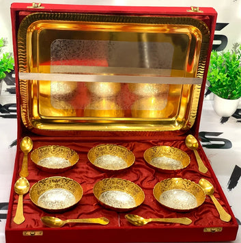 Premium Gold & Silver Plated Brass Bowl Set with Tray & Spoons | 6 Bowls, 6 Spoons & 1 Serving Tray | Red Velvet Gift Box | Decorative Serveware for Home Decor, Return Gift, Weddings & Festive Gifting